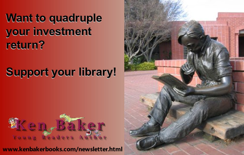 Boy reading statue in front of library.