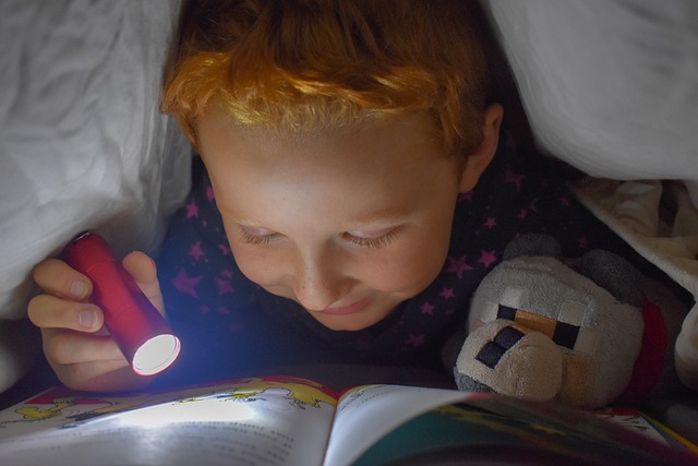 Child reading in bed with flashlight
